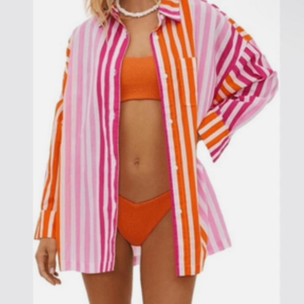 NWOT Beach Riot Alexa Striped Button Down Shirt Coverup Size S/M Pink Orange